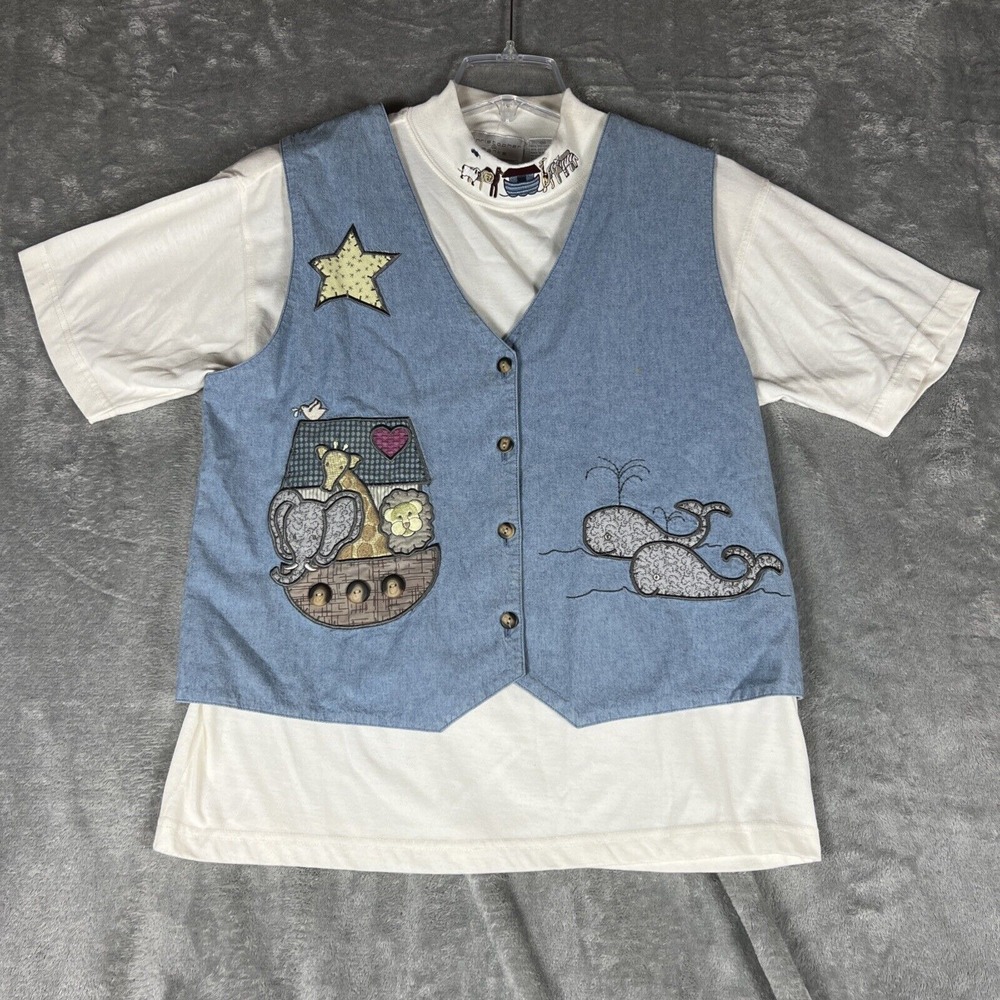 VTG Christopher & Banks Med Noah's Ark Embroidered Vest And Shirt Teacher Church
